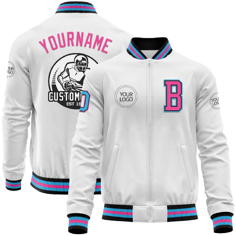 Trendy Utility Jacket with Multiple Pockets-Custom White Sky Blue Black-Pink Bomber Varsity Letterman Zipper Jacket