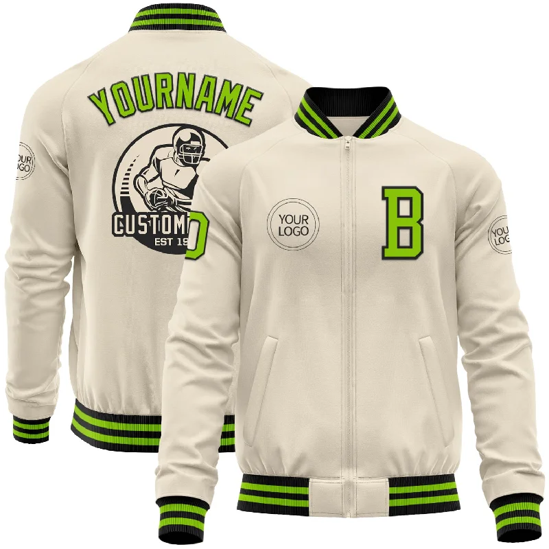 Stylish Anorak Jacket for Windy Days-Custom Cream Neon Green-Black Bomber Varsity Letterman Zipper Jacket