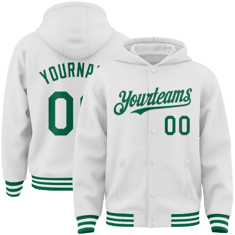 Warm Zip-Up Hoodie for Cool Weather-Custom White Kelly Green Bomber Full-Snap Varsity Letterman Hoodie Jacket