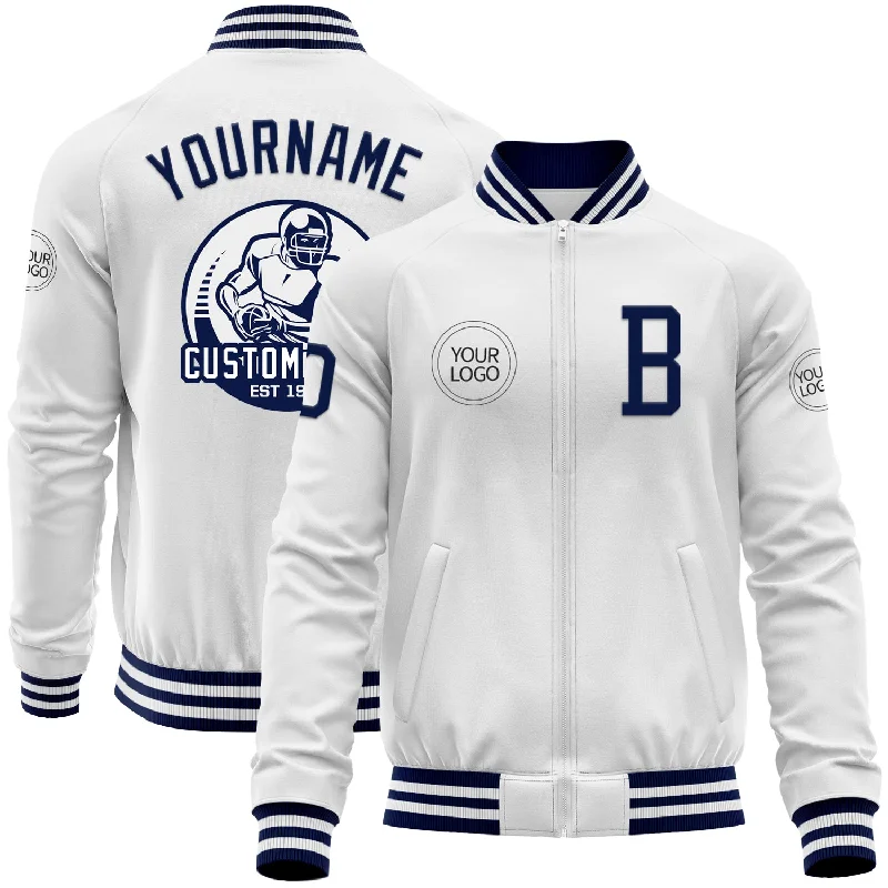 Sleek Faux Leather Jacket for Fashion-Forward Style-Custom White Navy Bomber Varsity Letterman Zipper Jacket