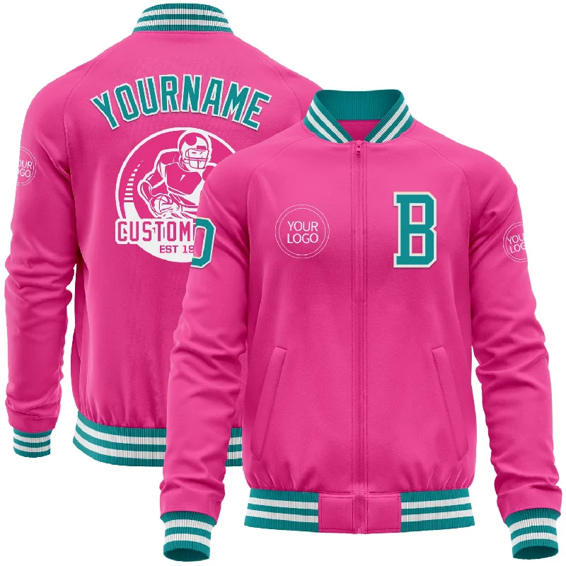 Insulated Wool Jacket for Winter Warmth-Custom Pink Teal-White Bomber Varsity Letterman Zipper Jacket