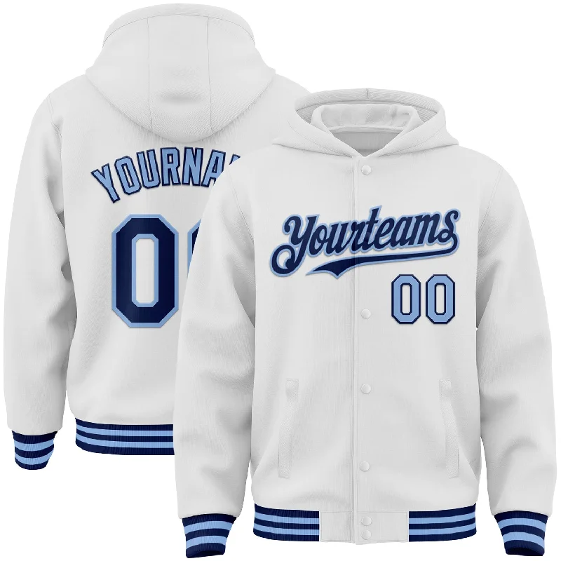 Lightweight Hoodie for Outdoor Activities-Custom White Navy-Light Blue Bomber Full-Snap Varsity Letterman Hoodie Jacket