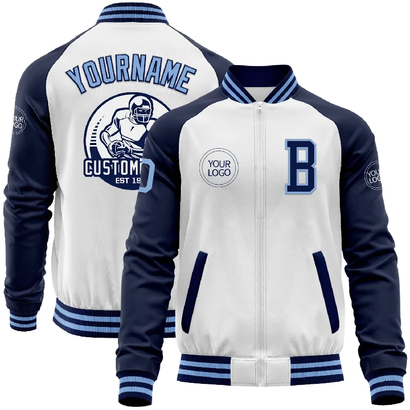 Modern Tech Jacket for Winter Protection-Custom White Light Blue-Navy Bomber Varsity Letterman Two Tone Zipper Jacket