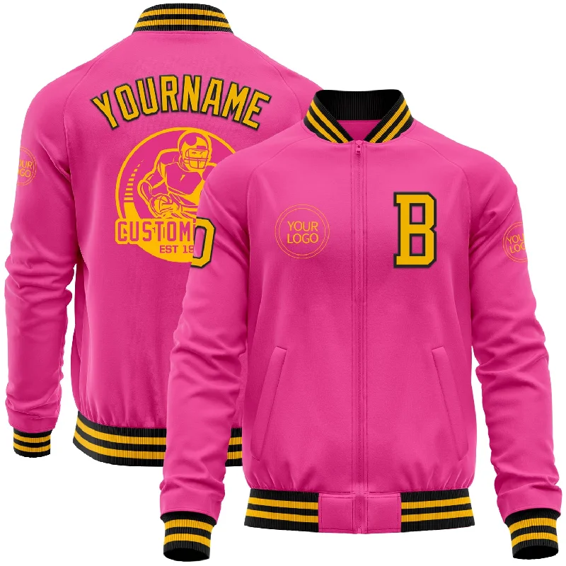 Light Down Jacket for Winter Sports Activities-Custom Pink Gold-Black Bomber Varsity Letterman Zipper Jacket