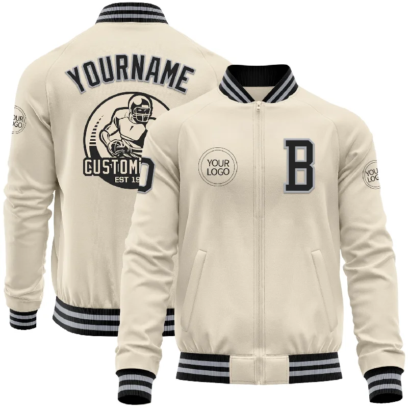 Classic Double-Breasted Jacket for Sophisticated Style-Custom Cream Black-Gray Bomber Varsity Letterman Zipper Jacket