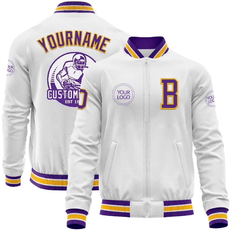 Wind-Resistant Jacket for Active Lifestyles-Custom White Purple-Gold Bomber Varsity Letterman Zipper Jacket