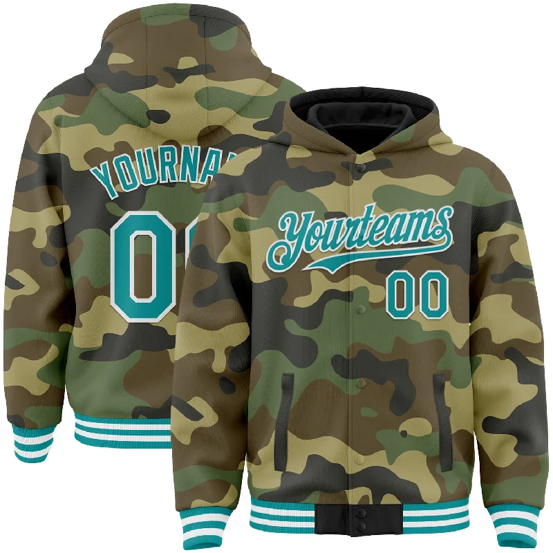 Soft Fleece Hoodie for Ultimate Comfort-Custom Camo Teal-White Bomber Full-Snap Varsity Letterman Salute To Service Hoodie Jacket