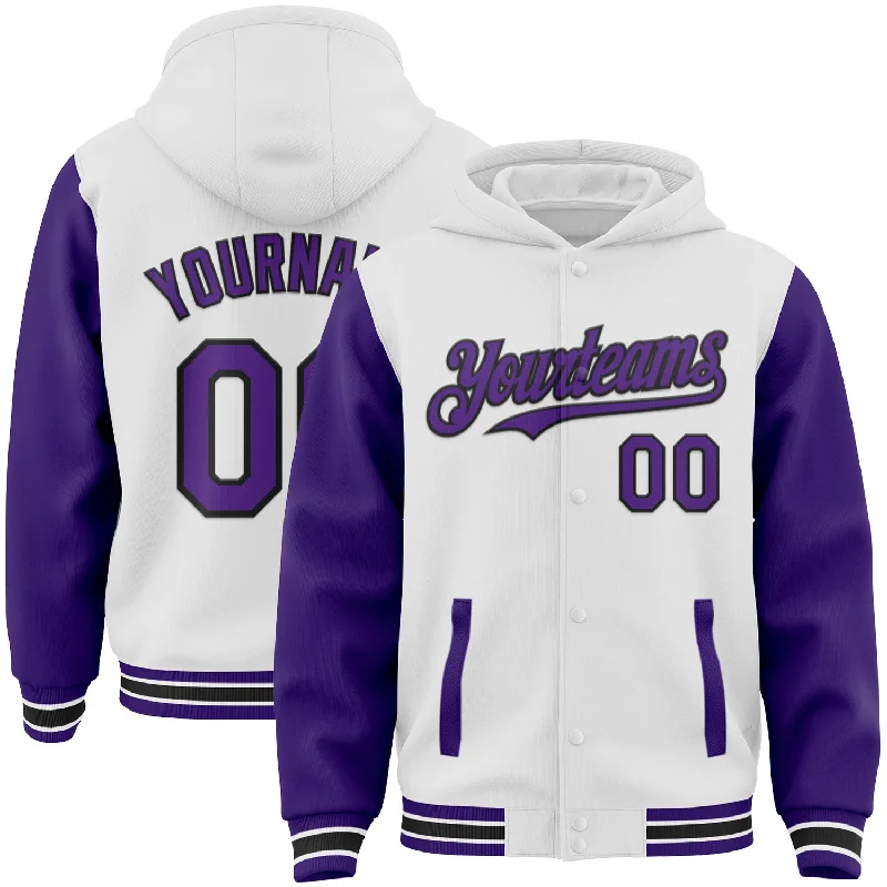 Classic Pullover Hoodie for Simple Comfort-Custom White Purple-Black Bomber Full-Snap Varsity Letterman Two Tone Hoodie Jacket