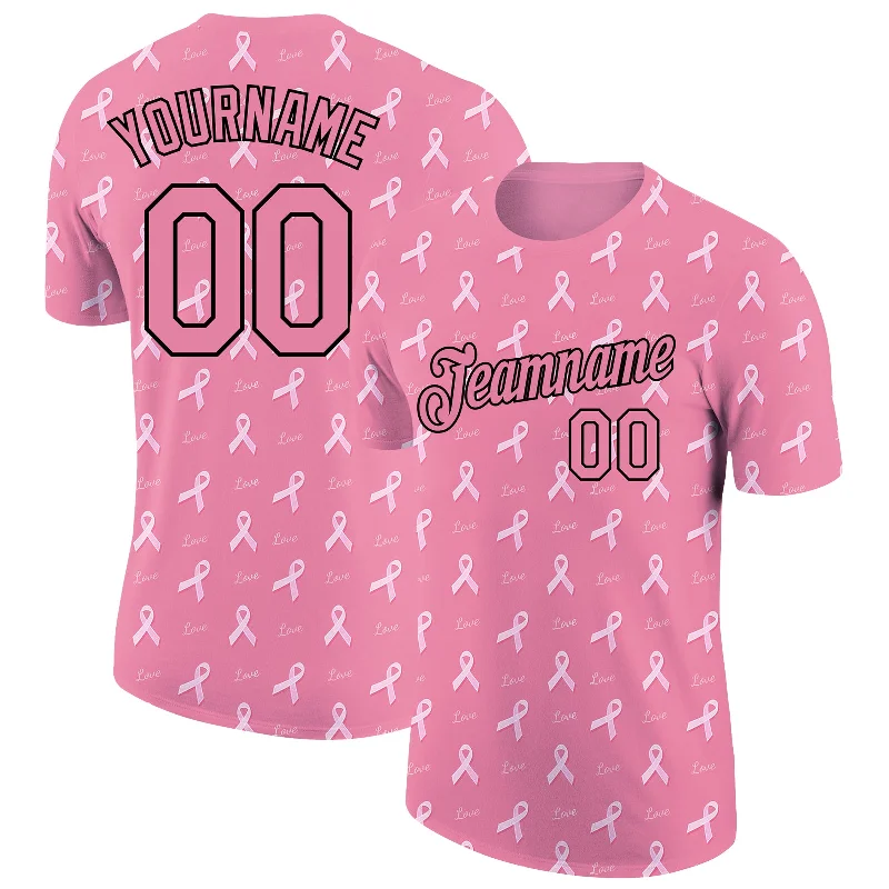 Unique Custom T-Shirt for Individual Style-Custom Medium Pink Black 3D Pink Ribbon Breast Cancer Performance T-Shirt