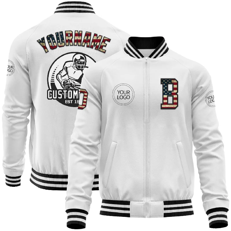 Soft Fleece Jacket for Cozy Layering-Custom White Vintage USA Flag-Black Bomber Varsity Letterman Zipper Jacket