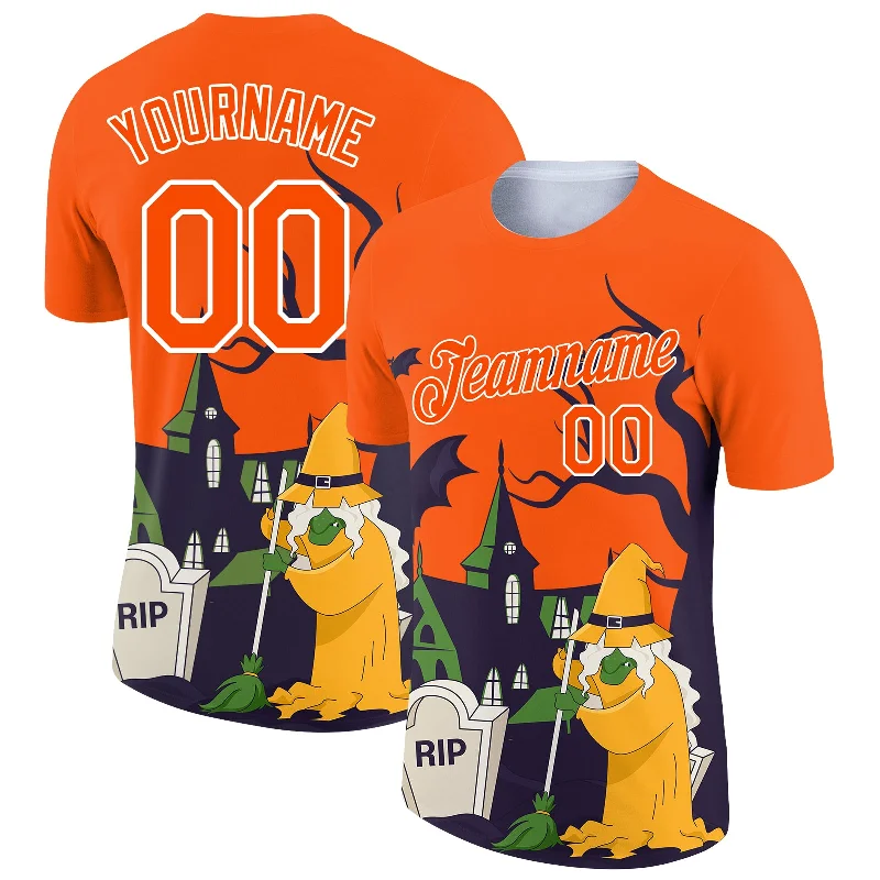 Long-Sleeve T-Shirt for Layered Outfits-Custom Orange White 3D Halloween Performance T-Shirt