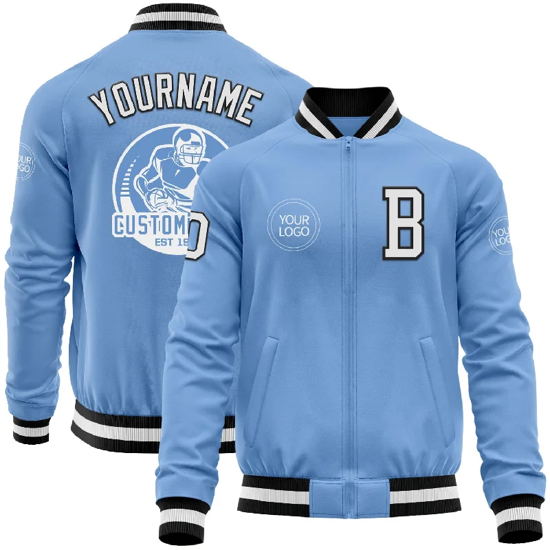 Trendy Denim Bomber Jacket for Fashion Lovers-Custom Light Blue White-Black Bomber Varsity Letterman Zipper Jacket