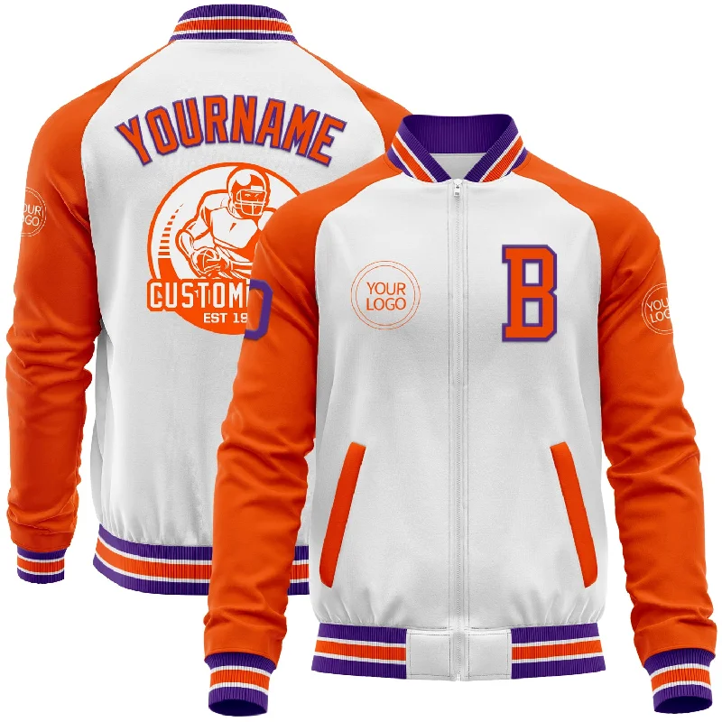 Casual Quilted Jacket for Comfort and Style-Custom White Purple-Orange Bomber Varsity Letterman Two Tone Zipper Jacket