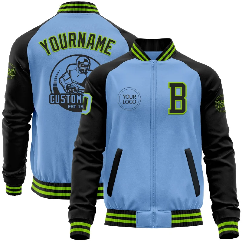 Comfortable Softshell Jacket for Hiking-Custom Light Blue Neon Green-Black Bomber Varsity Letterman Two Tone Zipper Jacket