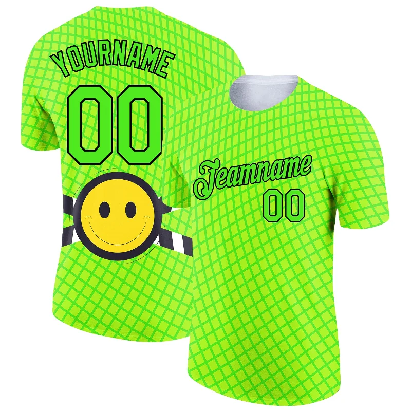 Personalized Birthday T-Shirt for Celebrations-Custom Pea Green Neon Yellow-Black 3D Pattern Design Smile Emoji Performance T-Shirt