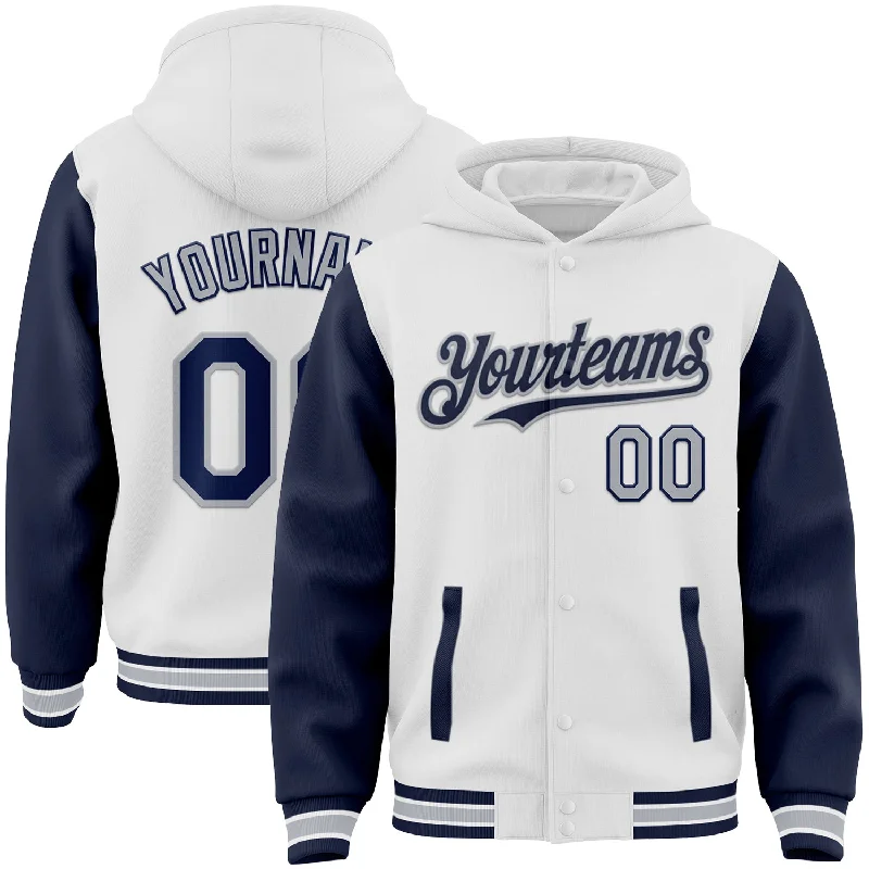 Warm Hoodie for Outdoor Adventures-Custom White Navy-Gray Bomber Full-Snap Varsity Letterman Two Tone Hoodie Jacket