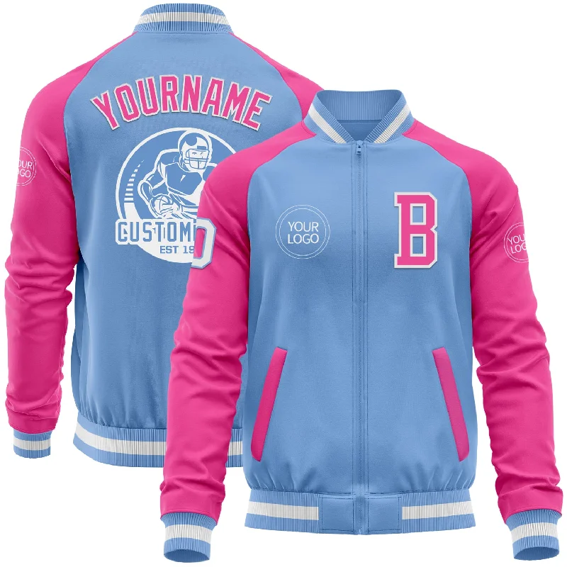 Soft Fleece Jacket for Cozy Layering-Custom Light Blue White-Pink Bomber Varsity Letterman Two Tone Zipper Jacket