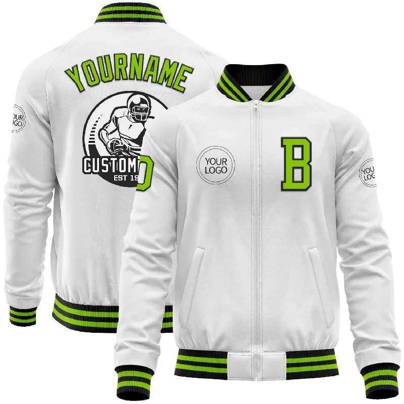 Stylish Anorak Jacket for Windy Days-Custom White Neon Green-Black Bomber Varsity Letterman Zipper Jacket