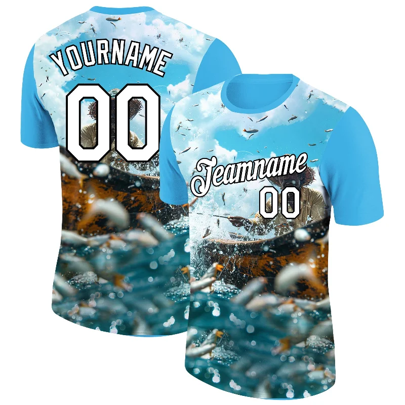 Customizable T-Shirt for Group Events-Custom Sky Blue White-Black 3D Pattern Design Fisherman Catching Fish Performance T-Shirt