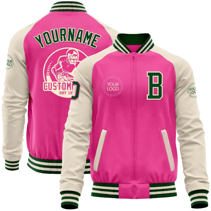 Comfortable Zip-Up Hoodie Jacket for Layering-Custom Pink Green-Cream Bomber Varsity Letterman Two Tone Zipper Jacket