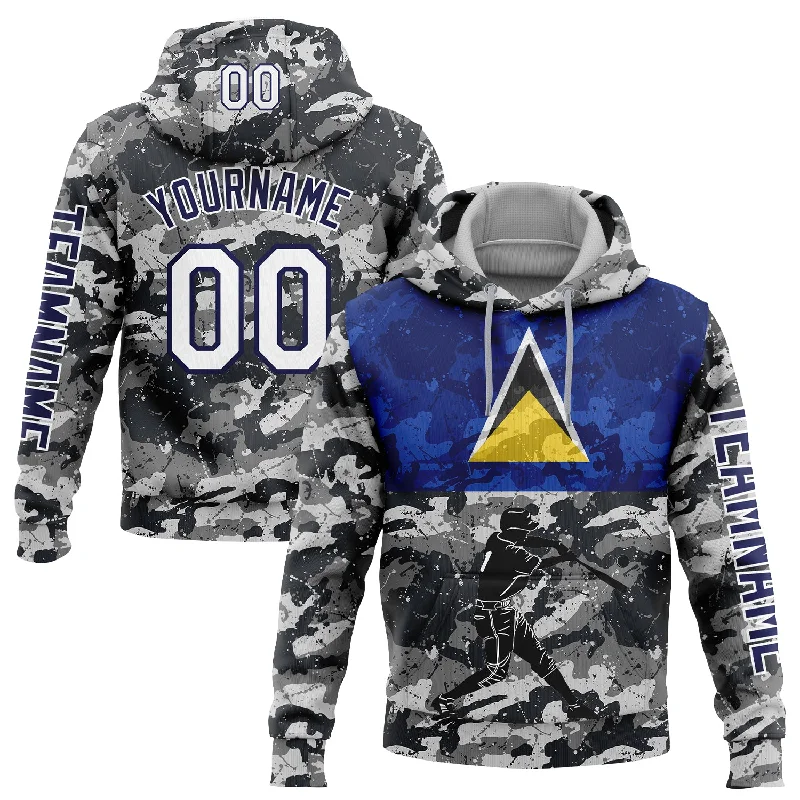 Classic Pullover Hoodie for Simple Comfort-Custom Stitched Camo White-Navy 3D Saint Lucia Saint Lucian Flag Sports Pullover Sweatshirt Salute To Service Hoodie