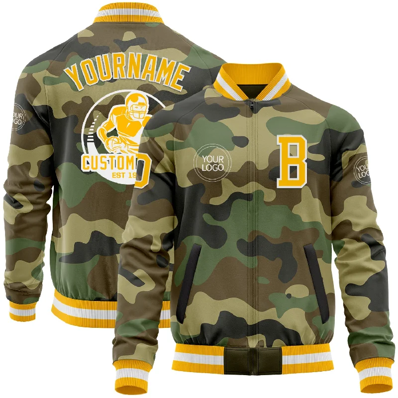 Trendy Camouflage Jacket for Street Style-Custom Camo Gold-White Bomber Varsity Letterman Salute To Service Zipper Jacket