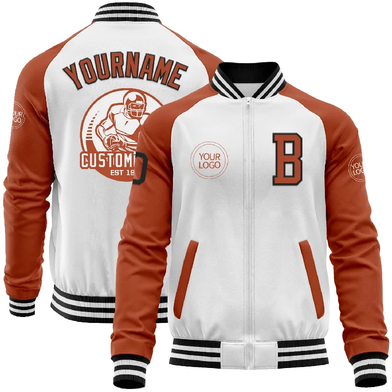 Comfortable Puffer Jacket for Winter Adventures-Custom White Black-Texas Orange Bomber Varsity Letterman Two Tone Zipper Jacket