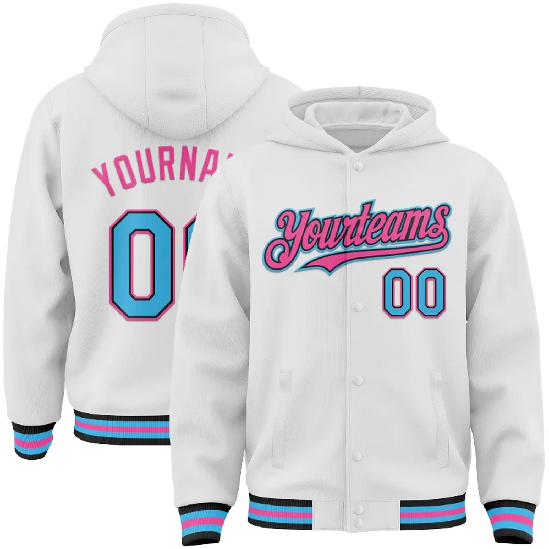 Comfortable Hoodie for Traveling in Style-Custom White Sky Blue Black-Pink Bomber Full-Snap Varsity Letterman Hoodie Jacket