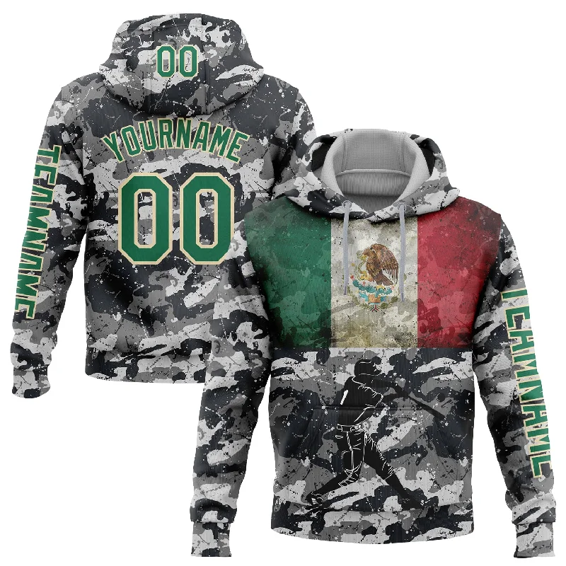 Streetwear Hoodie for Edgy Style-Custom Stitched Camo Kelly Green-Cream 3D Mexico Vintage Mexican Flag Sports Pullover Sweatshirt Salute To Service Hoodie