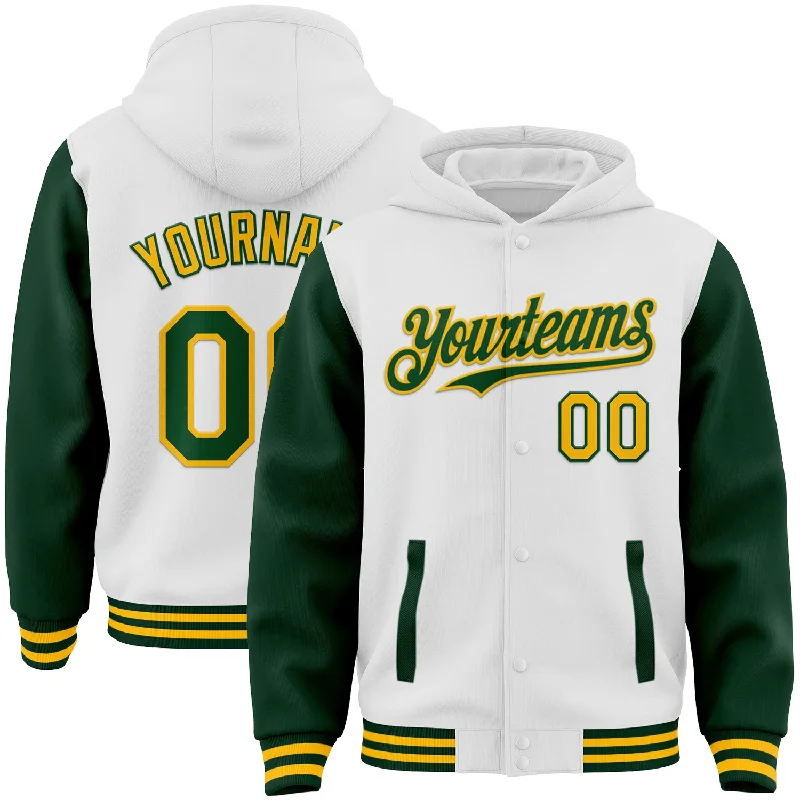 Trendy Hoodie for Athleisure Looks-Custom White Green-Gold Bomber Full-Snap Varsity Letterman Two Tone Hoodie Jacket