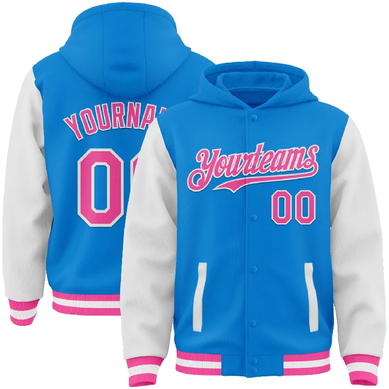 Stylish Pullover Hoodie for Effortless Style-Custom Powder Blue Pink-White Bomber Full-Snap Varsity Letterman Two Tone Hoodie Jacket