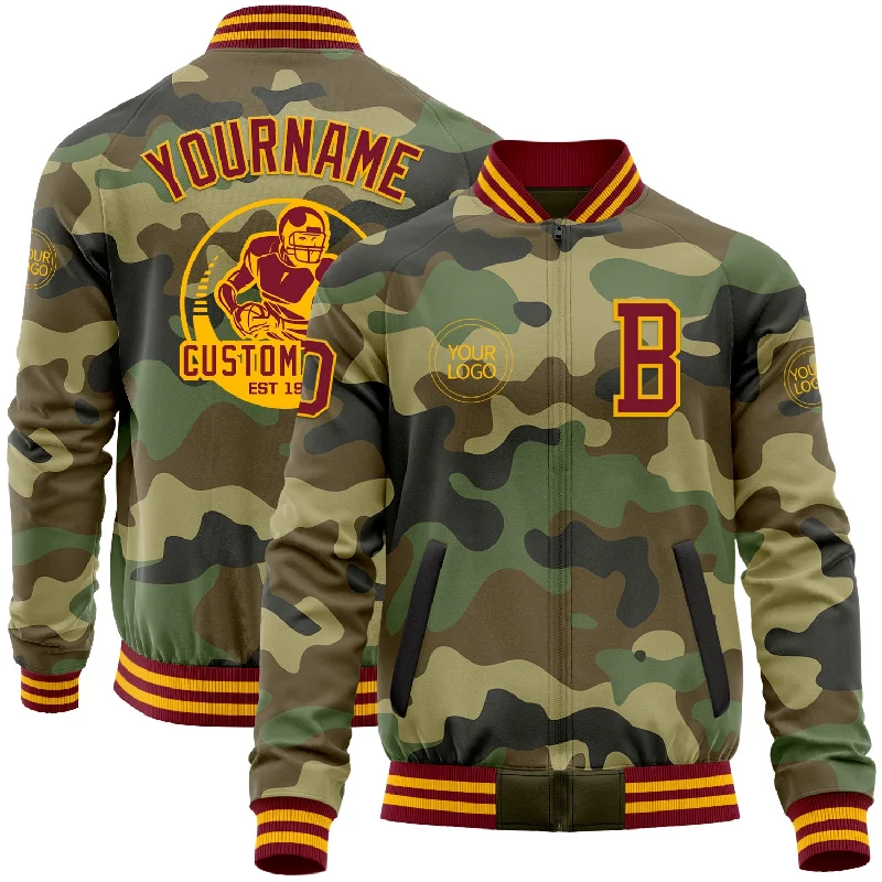 Premium Skiing Jacket for Performance Wear-Custom Camo Crimson-Gold Bomber Varsity Letterman Salute To Service Zipper Jacket