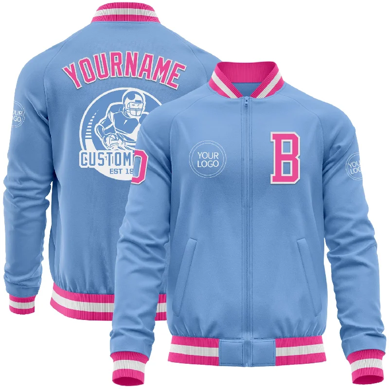 Trendy Zip Jacket for Athletic Look-Custom Light Blue Pink-White Bomber Varsity Letterman Zipper Jacket