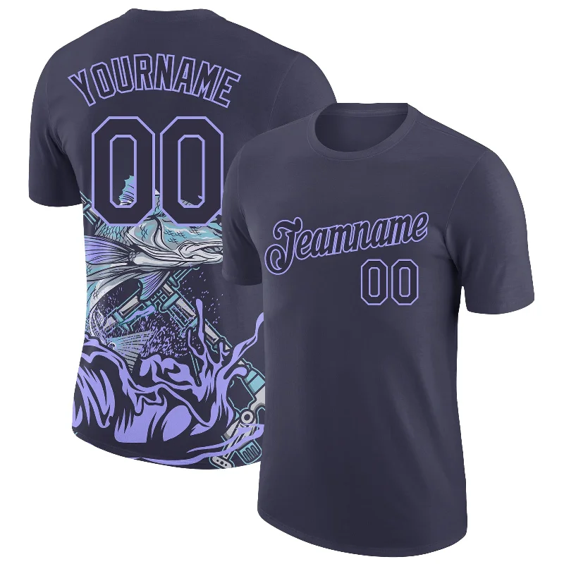 Custom Family T-Shirt for Matching Outfits-Custom Navy Light Purple 3D Pattern Design Fishing Performance T-Shirt