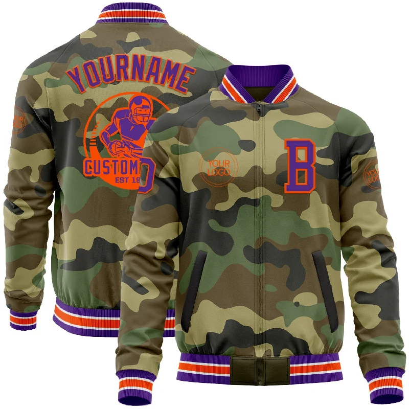 Light Down Jacket for Winter Sports Activities-Custom Camo Purple-Orange Bomber Varsity Letterman Salute To Service Zipper Jacket