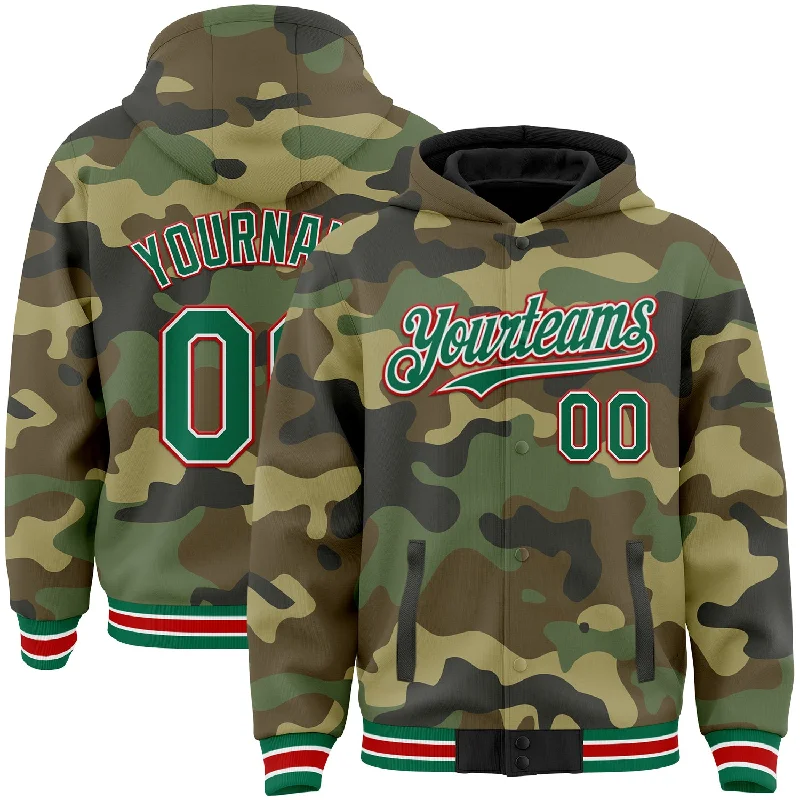 Sleek Hoodie for Cool, Casual Style-Custom Camo Kelly Green-Red Bomber Full-Snap Varsity Letterman Salute To Service Hoodie Jacket