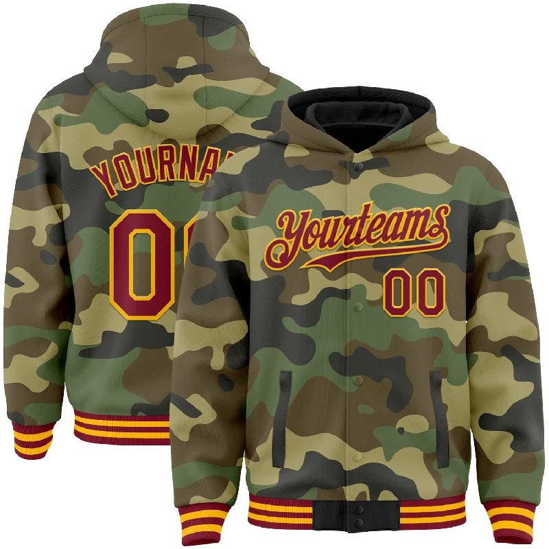 Lightweight Hoodie for Active Days-Custom Camo Crimson-Gold Bomber Full-Snap Varsity Letterman Salute To Service Hoodie Jacket