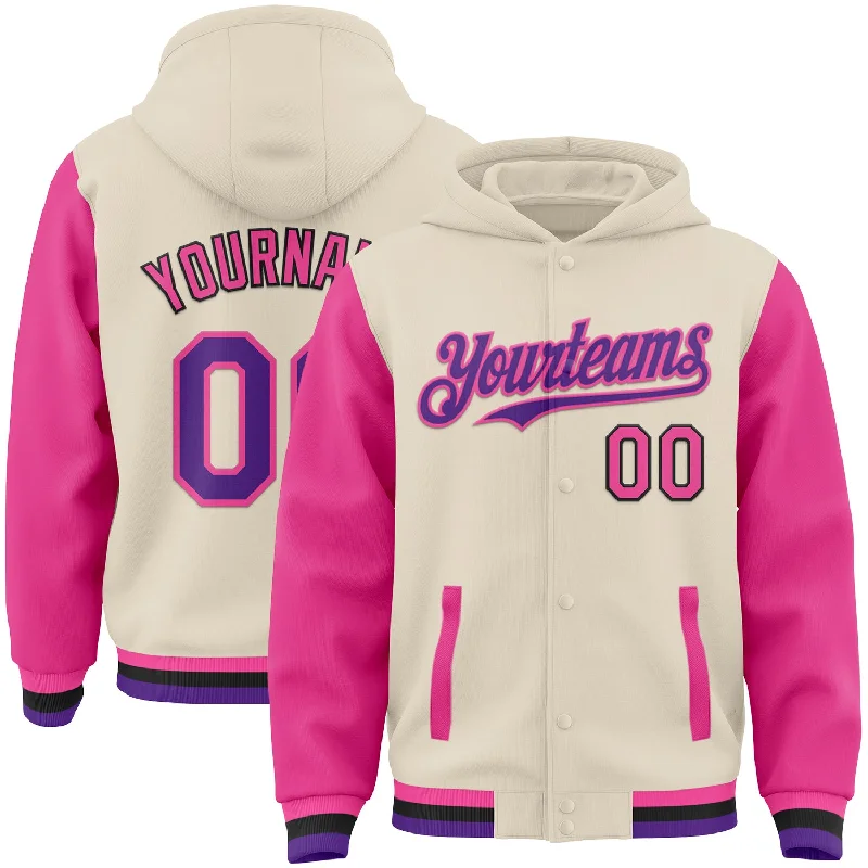 Cozy Hoodie with Kangaroo Pockets for Convenience-Custom Cream Purple Pink-Black Bomber Full-Snap Varsity Letterman Two Tone Hoodie Jacket