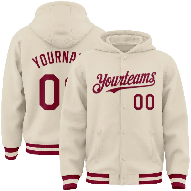 Classic Pullover Hoodie for Simple Comfort-Custom Cream Maroon Bomber Full-Snap Varsity Letterman Hoodie Jacket