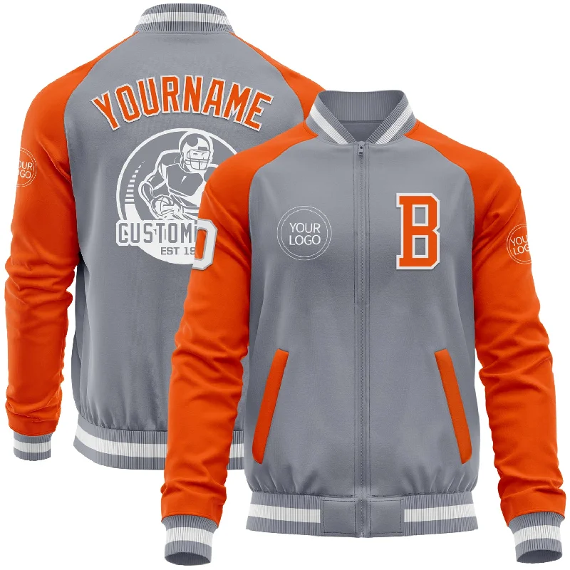 Classic Trench Coat Jacket for Elegant Appeal-Custom Gray White-Orange Bomber Varsity Letterman Two Tone Zipper Jacket