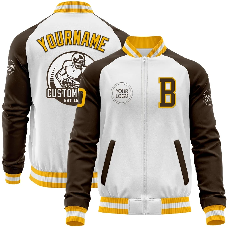 Trendy Zip Jacket for Athletic Look-Custom White Gold-Brown Bomber Varsity Letterman Two Tone Zipper Jacket