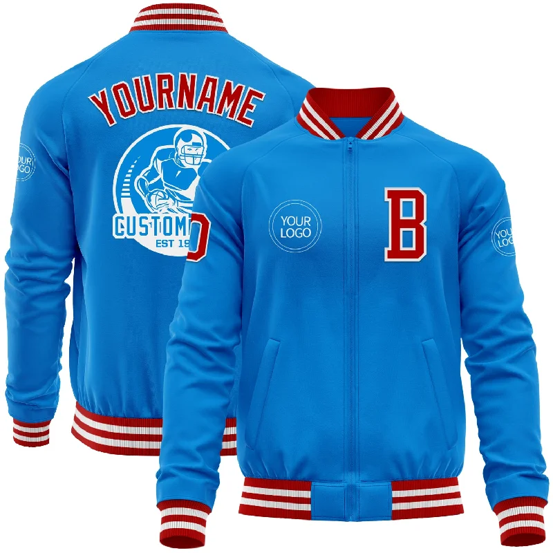 Classic Wool-Blend Jacket for Cold Weather-Custom Powder Blue Red-White Bomber Varsity Letterman Zipper Jacket