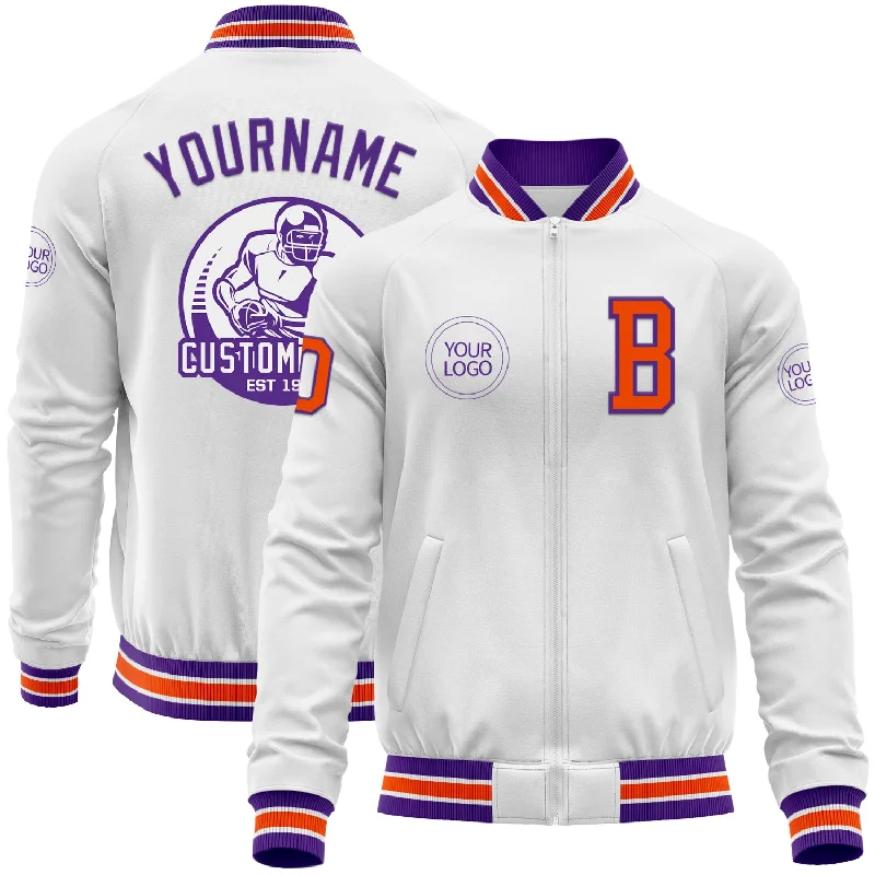 Waterproof Outdoor Jacket for Hiking Adventures-Custom White Orange-Purple Bomber Varsity Letterman Zipper Jacket