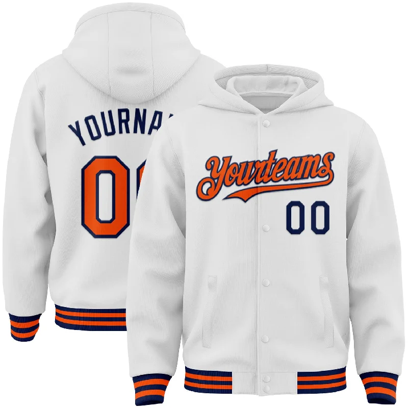 Comfy Hoodie for Lounging at Home-Custom White Orange-Navy Bomber Full-Snap Varsity Letterman Hoodie Jacket