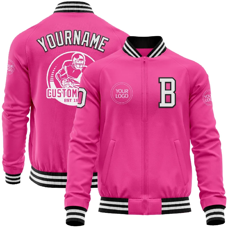 Cool Faux Leather Bomber Jacket for Cool Vibes-Custom Pink White-Black Bomber Varsity Letterman Zipper Jacket