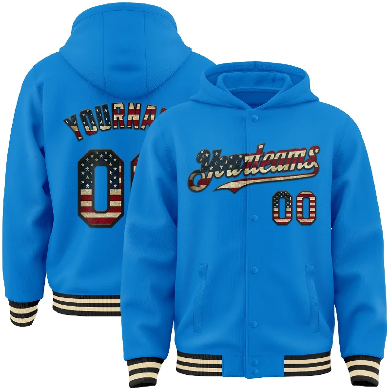 Colorful Hoodie for Vibrant Looks-Custom Powder Blue Vintage USA Flag Black-Cream Bomber Full-Snap Varsity Letterman Hoodie Jacket