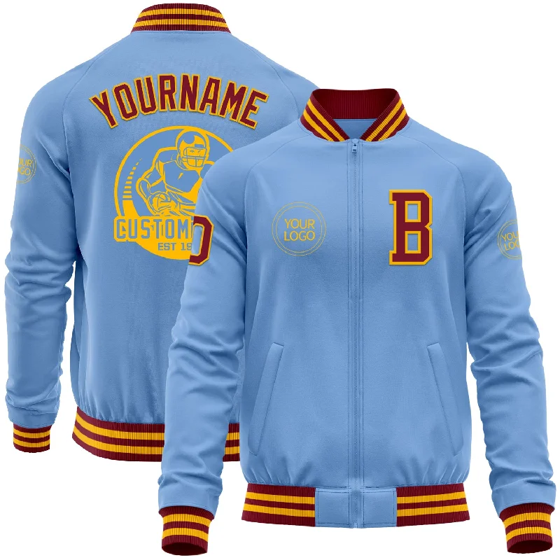 Cool Color-Blocked Jacket for Bold Outfits-Custom Light Blue Crimson-Gold Bomber Varsity Letterman Zipper Jacket