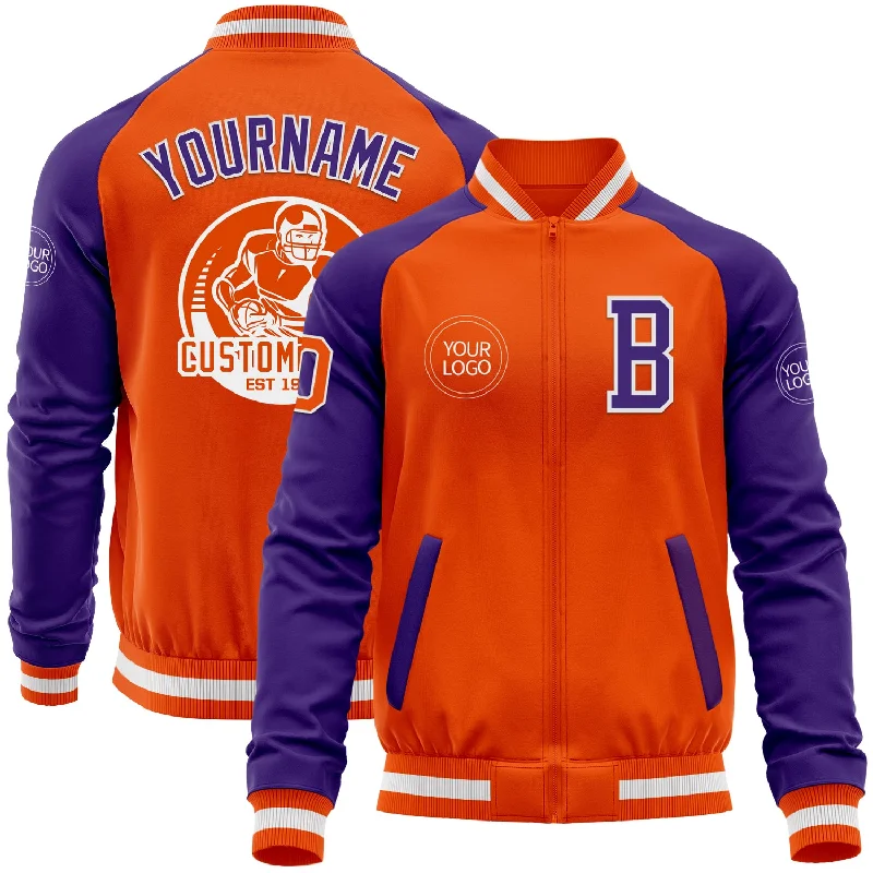 Sporty Baseball Jacket for Casual Outfits-Custom Orange White-Purple Bomber Varsity Letterman Two Tone Zipper Jacket