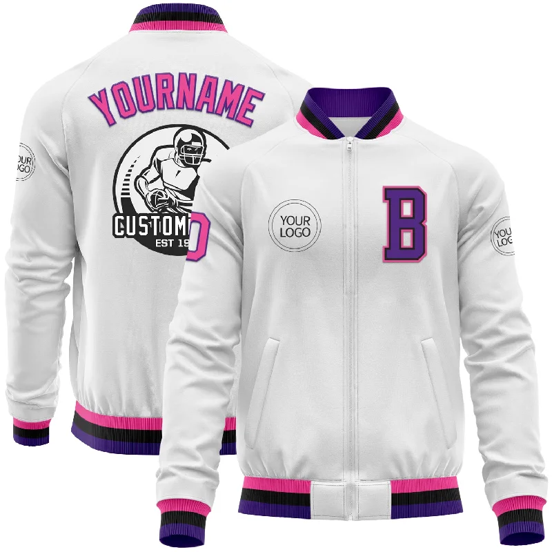 Warm Ski Jacket for Mountain Adventures-Custom White Pink Purple-Black Bomber Varsity Letterman Zipper Jacket