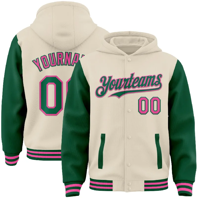 Sleek Hoodie for Cool, Casual Style-Custom Cream Kelly Green-Pink Bomber Full-Snap Varsity Letterman Two Tone Hoodie Jacket